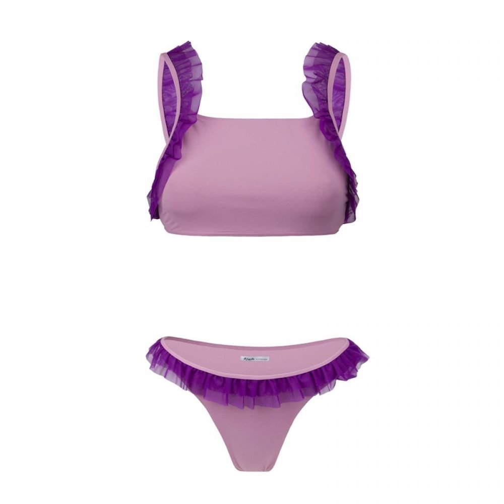 Kinda 3D swimwear swimsuit with pink fabric ruffles grey bikini boho bohemian swisuit swimwear elegant bikini two pieces