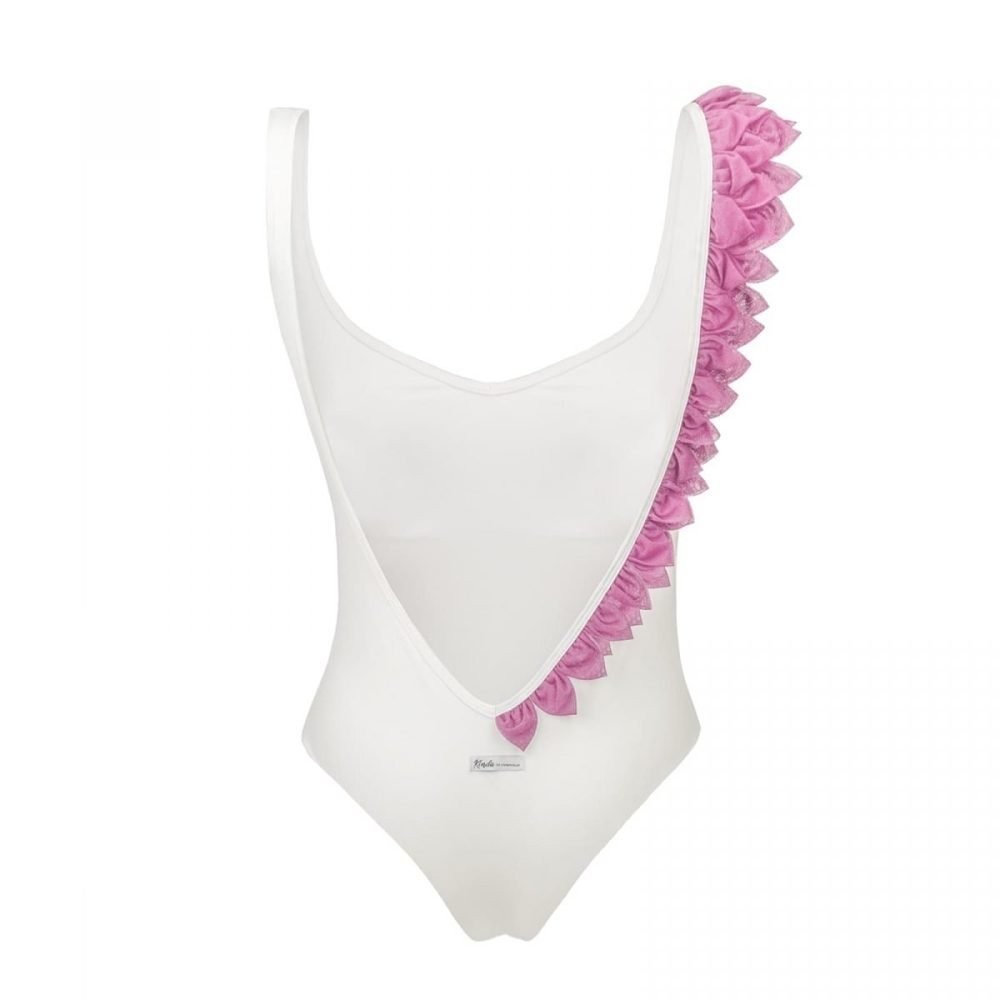 Kinda 3d swimwear one piece white pink swimsuit with petals bikini with flowers la reveche pink white embellished onepiece summer 2019 2020 summer vibes