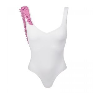 Kinda 3d swimwear one piece white pink swimsuit with petals bikini with flowers la reveche pink white embellished onepiece summer 2019 2020 summer vibes made in italy italian swimwear